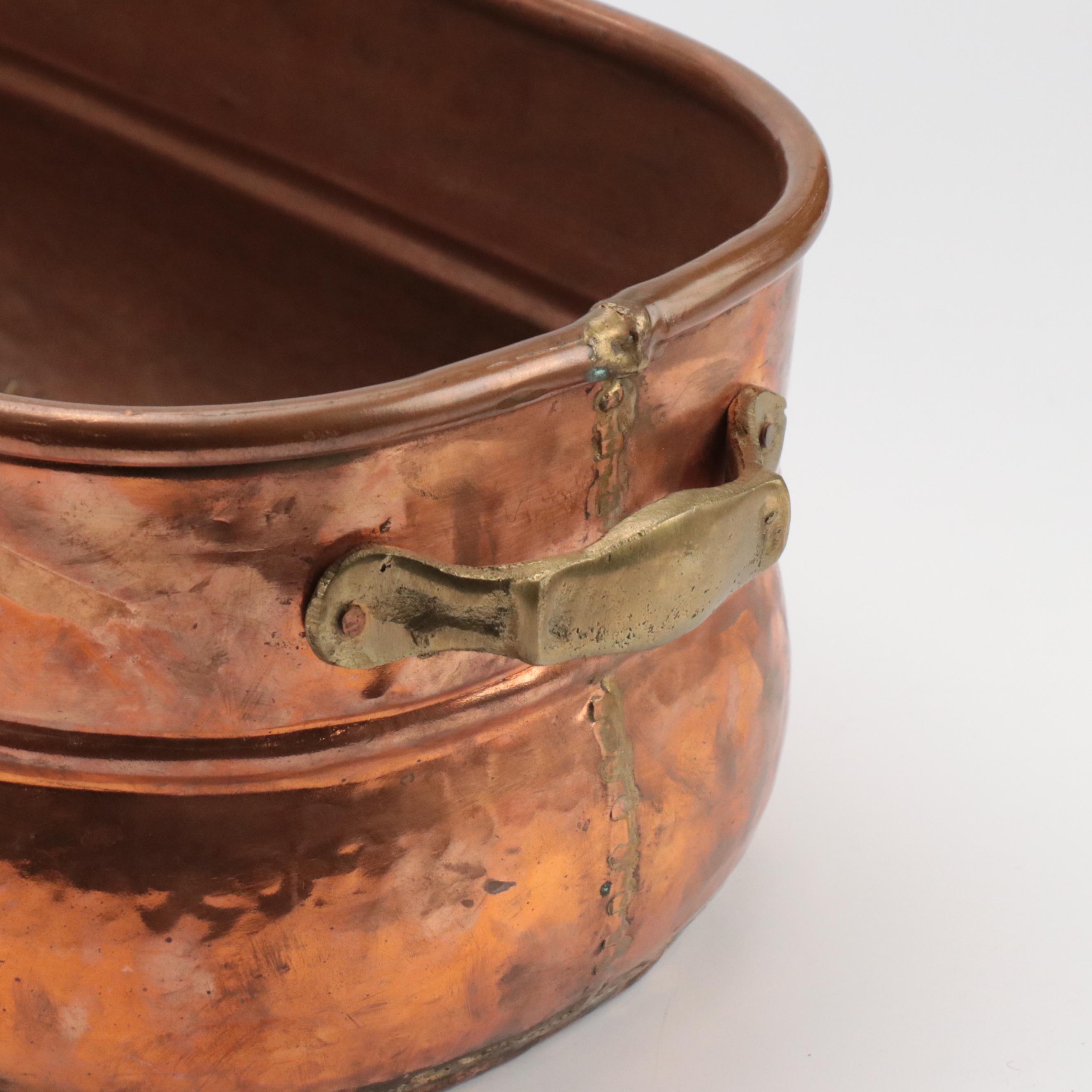 French Style Oval Copper Fish Poacher with Brass Handles, 20th Century