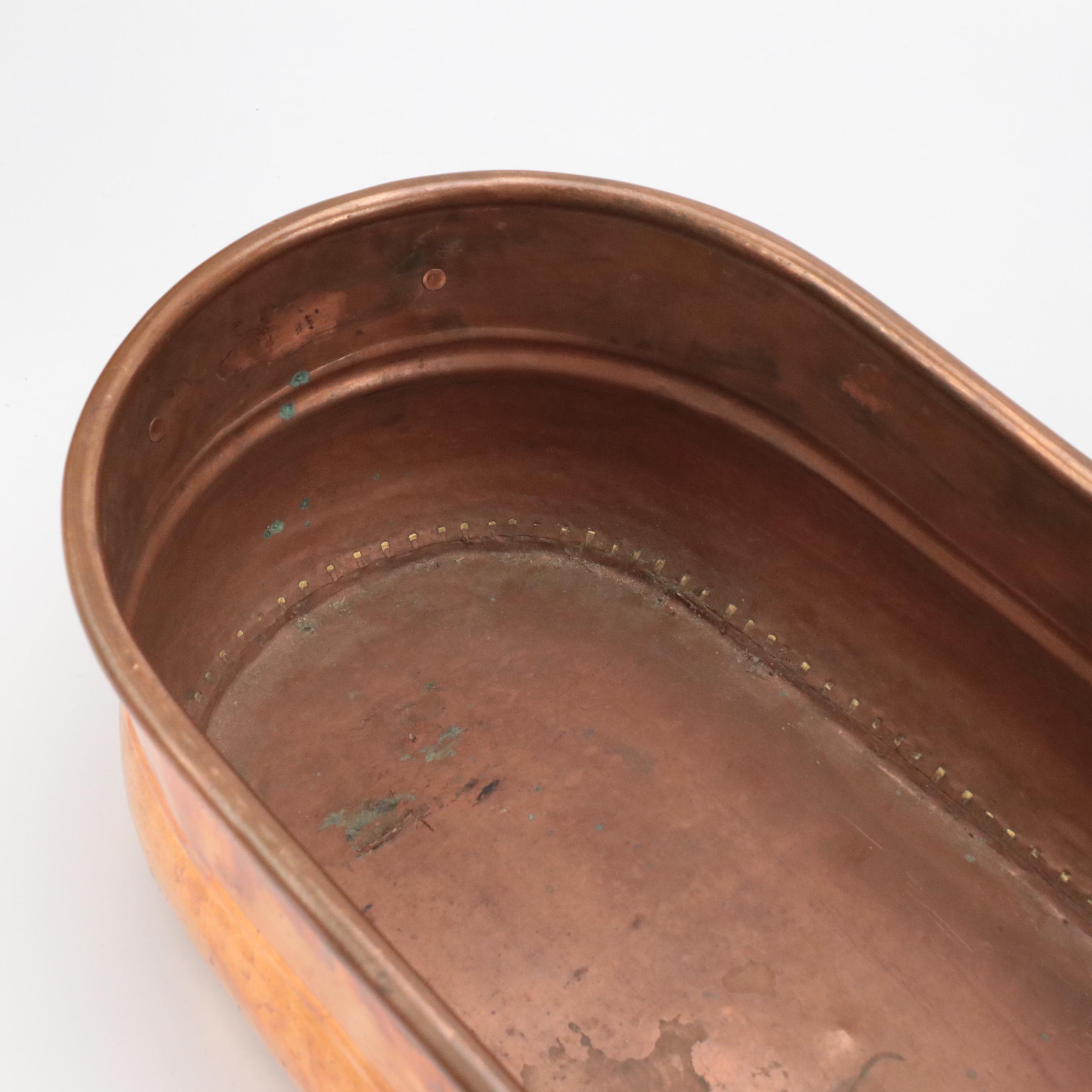 French Style Oval Copper Fish Poacher with Brass Handles, 20th Century