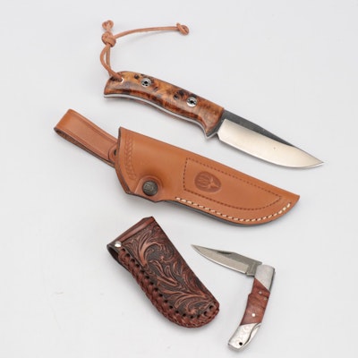 Muela Husky Fixed Blade Knife with Magnum Damascus Knife & Tooled Leather Pouch