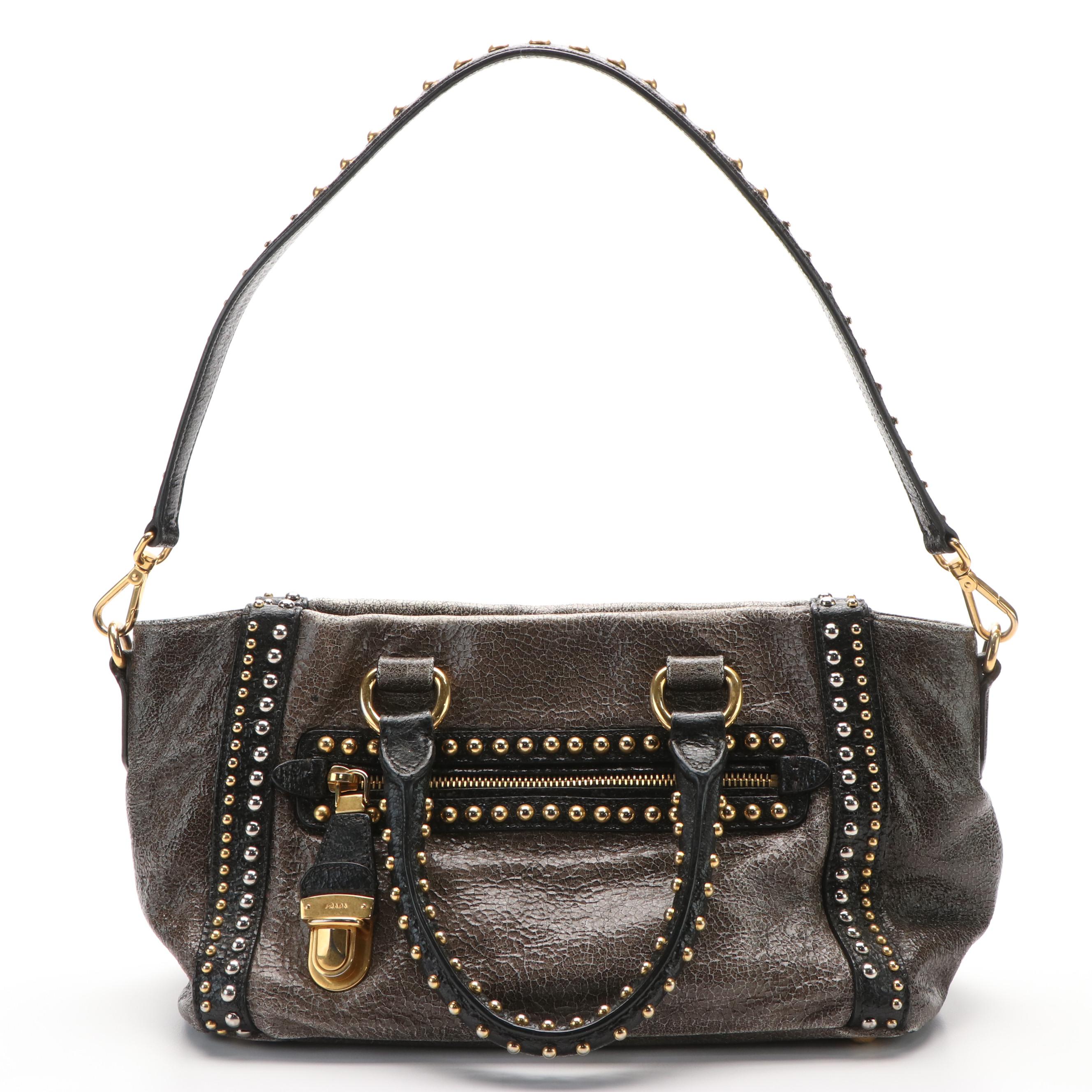 Prada Crackled Calfskin Studded Black Tote