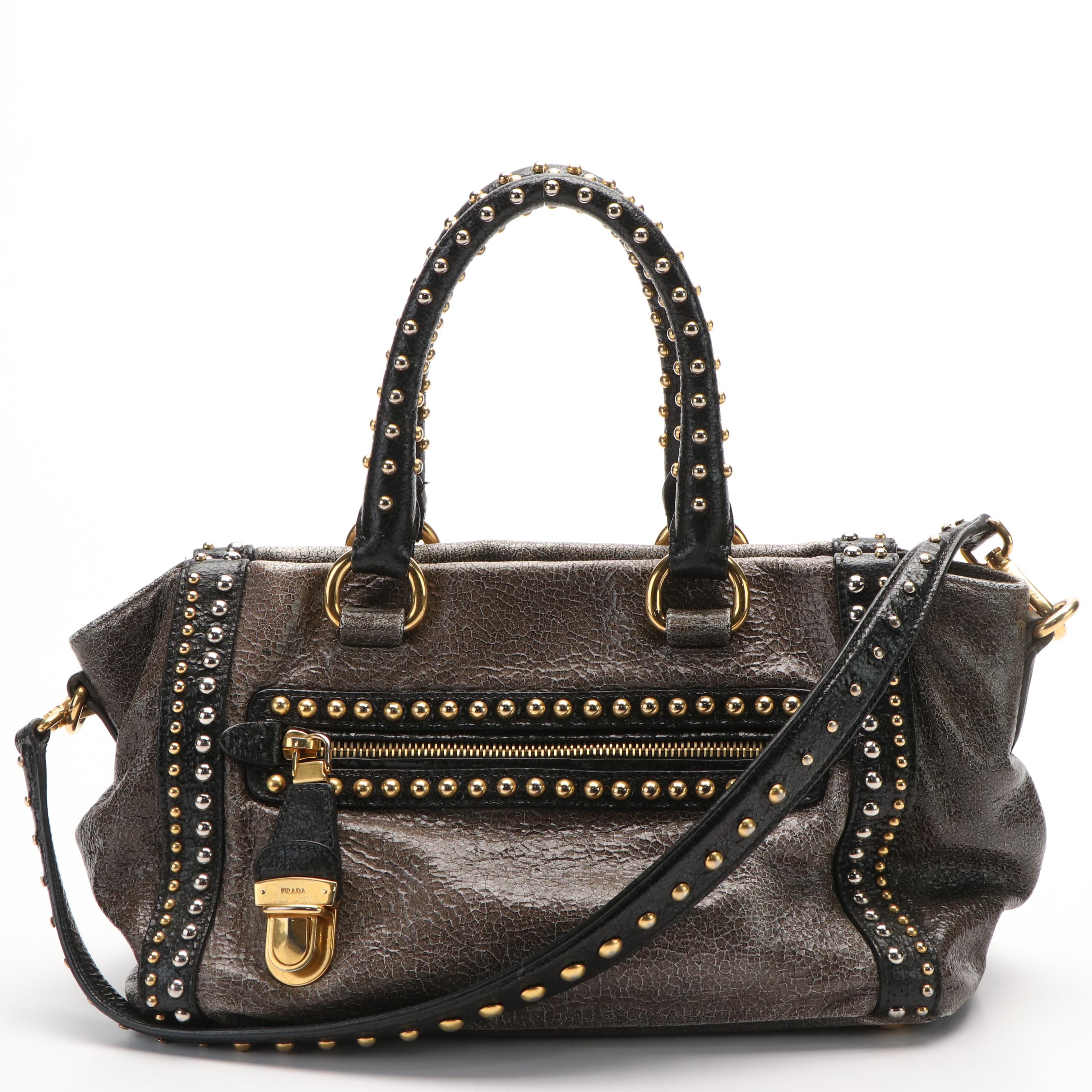 Prada Crackled Calfskin Studded Black Tote