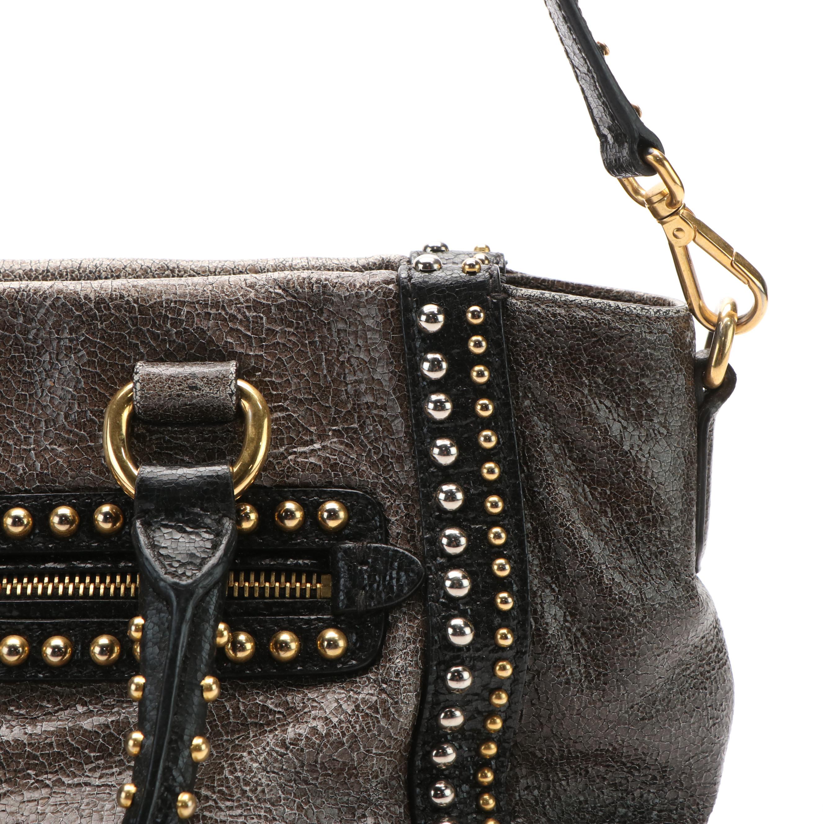 Prada Crackled Calfskin Studded Black Tote