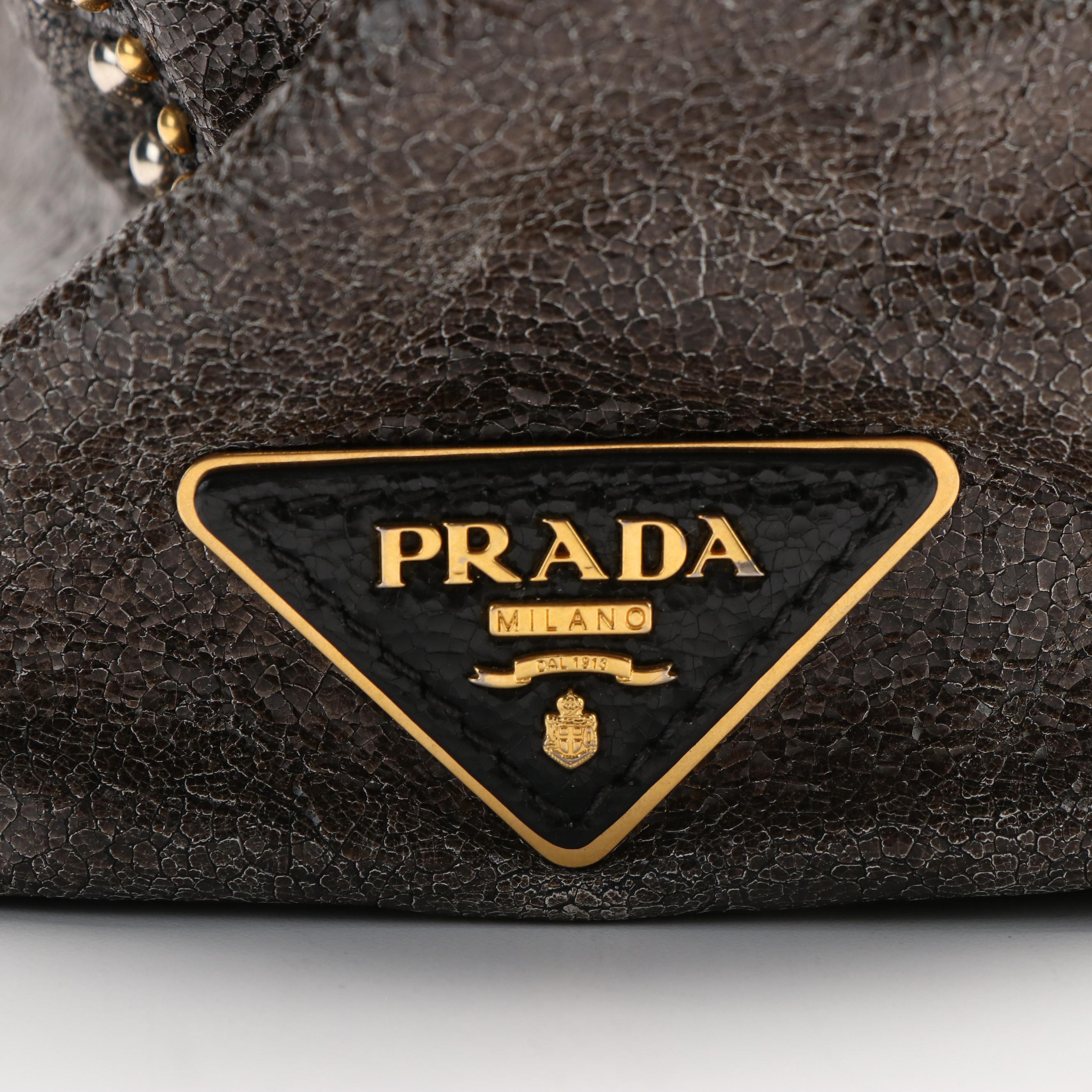 Prada Crackled Calfskin Studded Black Tote