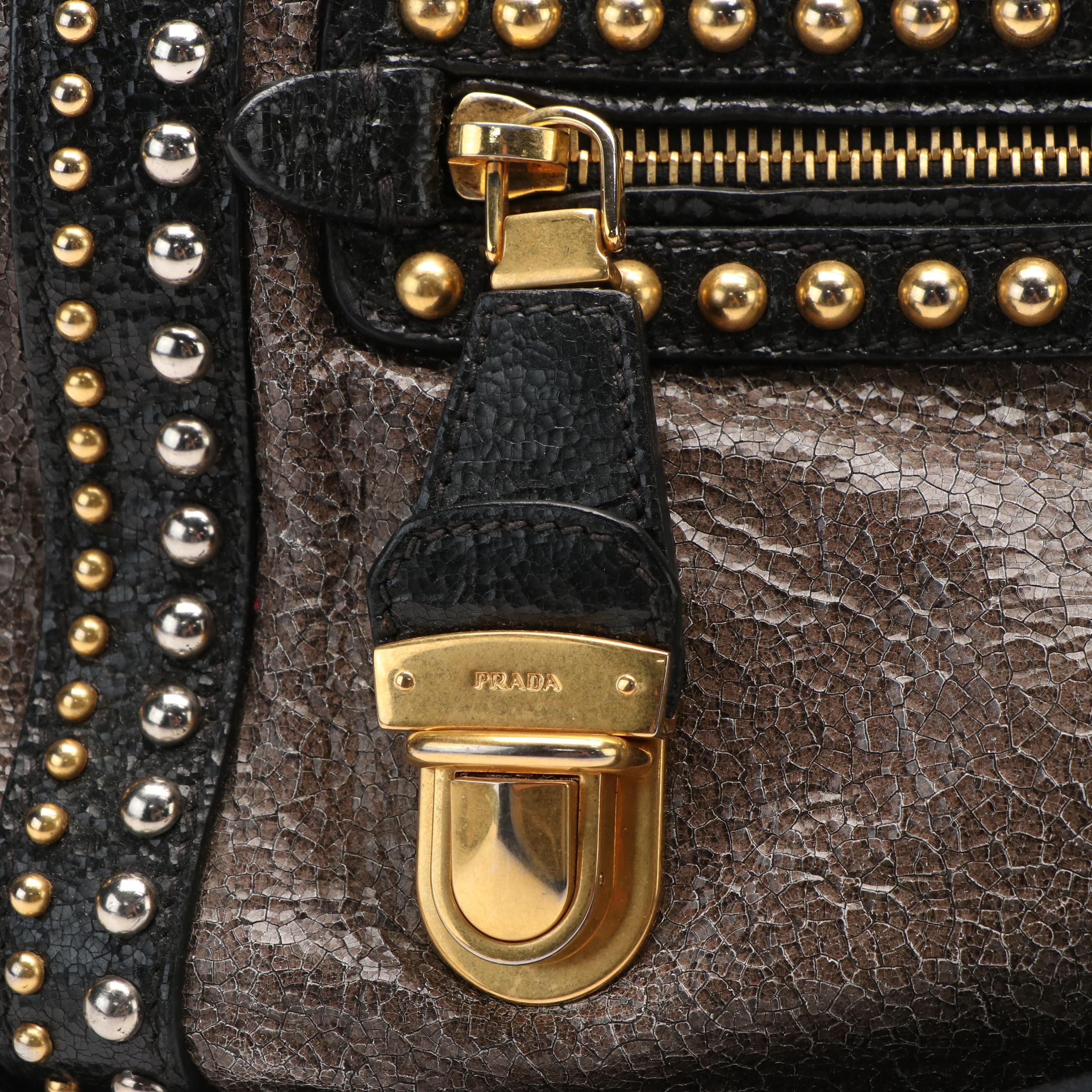 Prada Crackled Calfskin Studded Black Tote