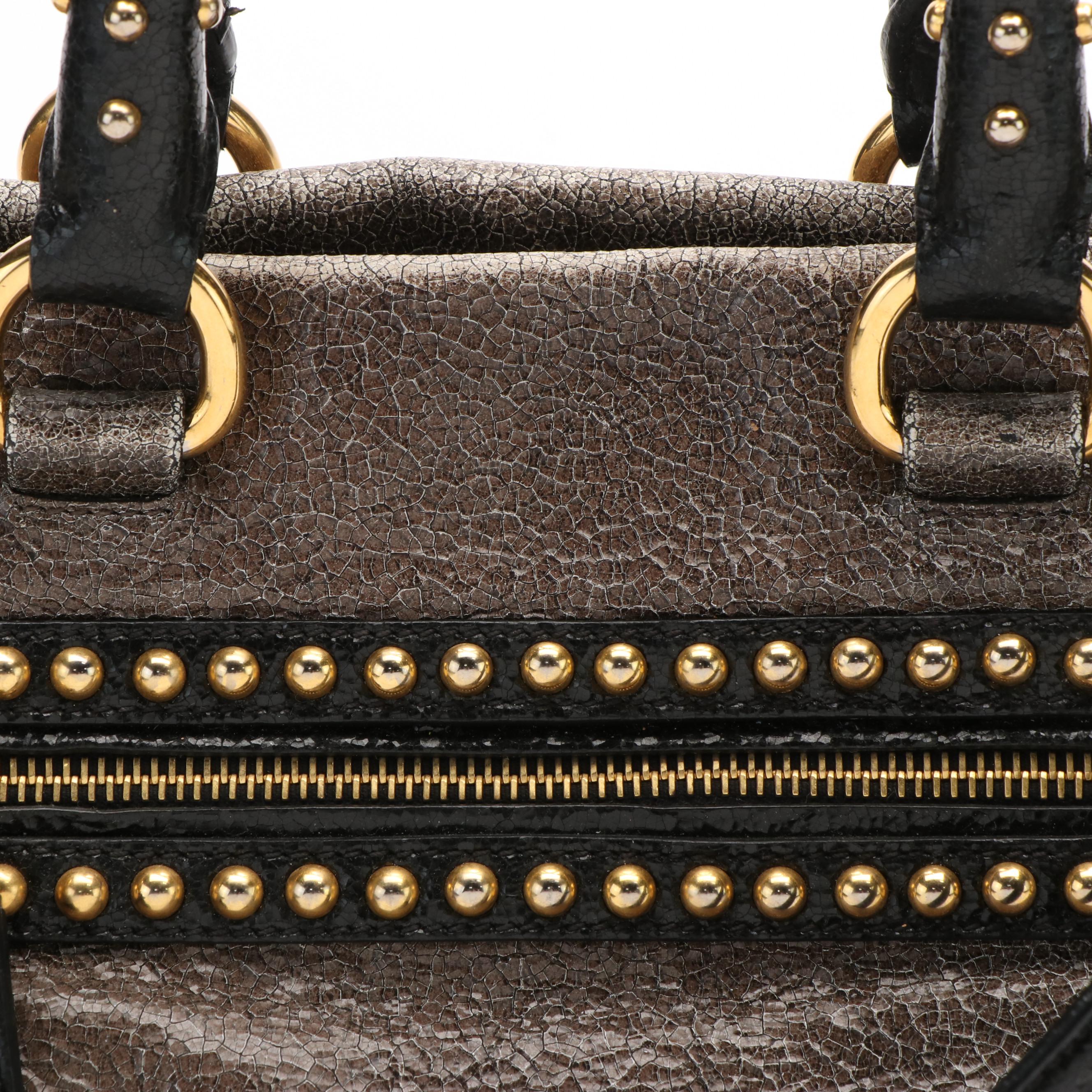 Prada Crackled Calfskin Studded Black Tote