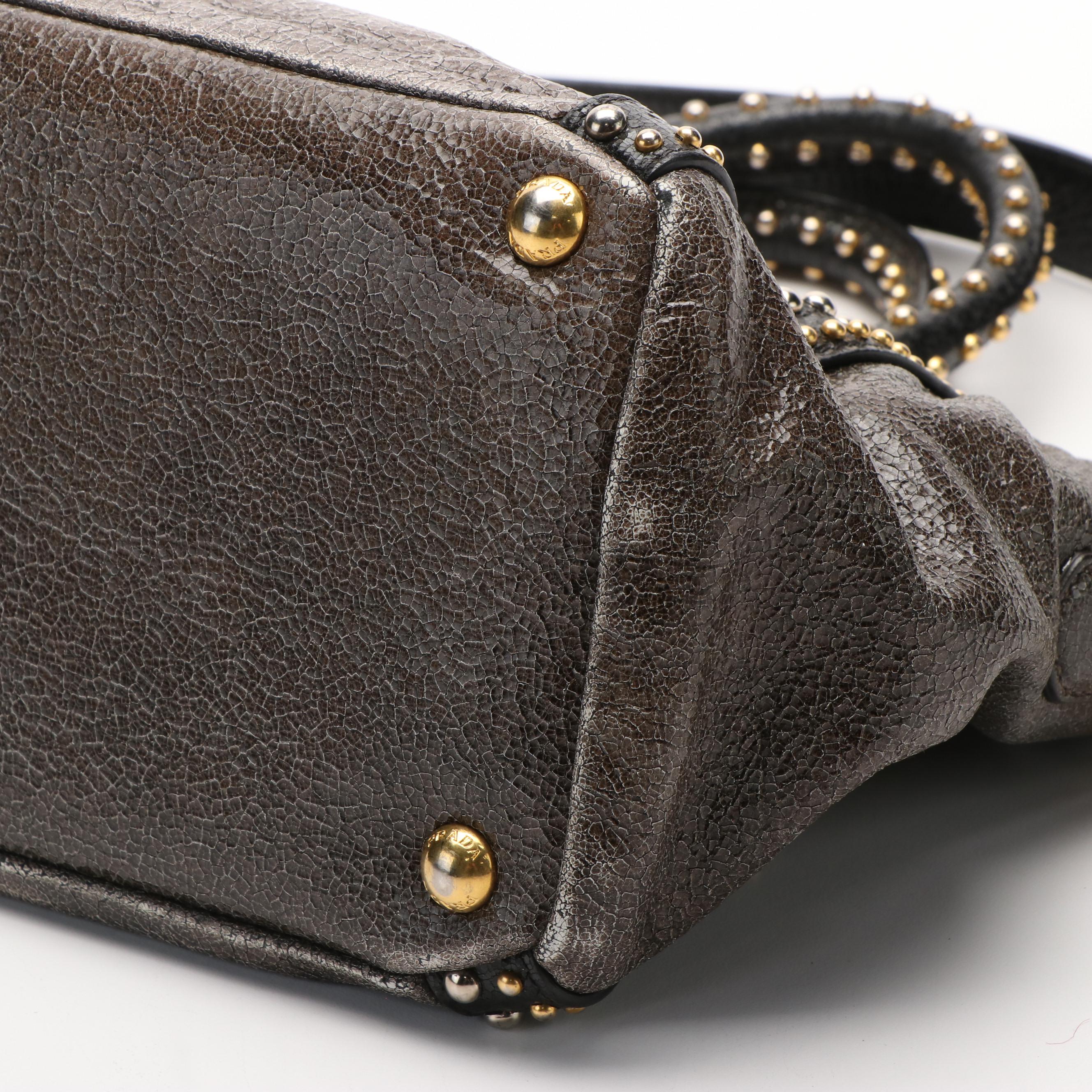 Prada Crackled Calfskin Studded Black Tote