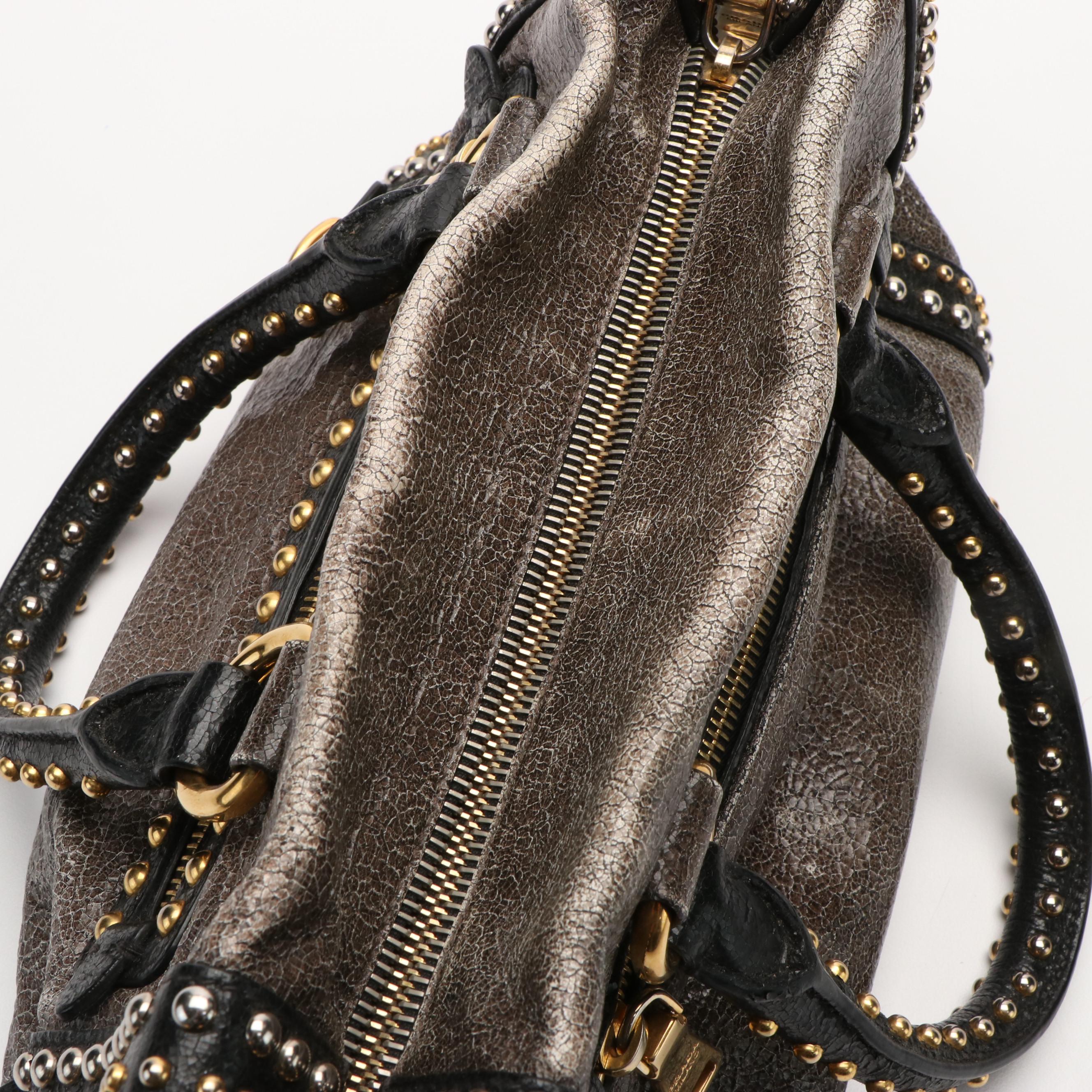 Prada Crackled Calfskin Studded Black Tote