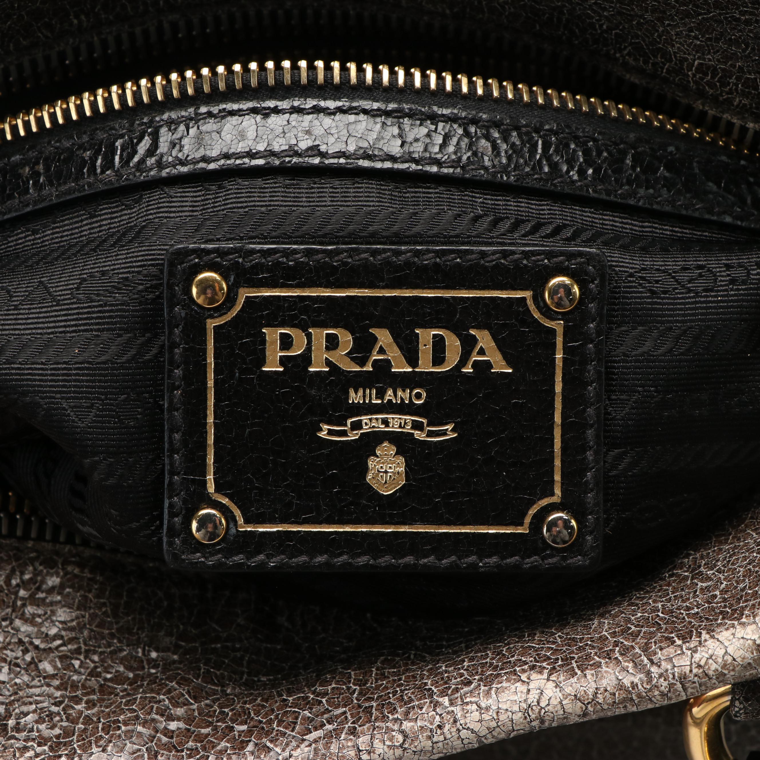 Prada Crackled Calfskin Studded Black Tote