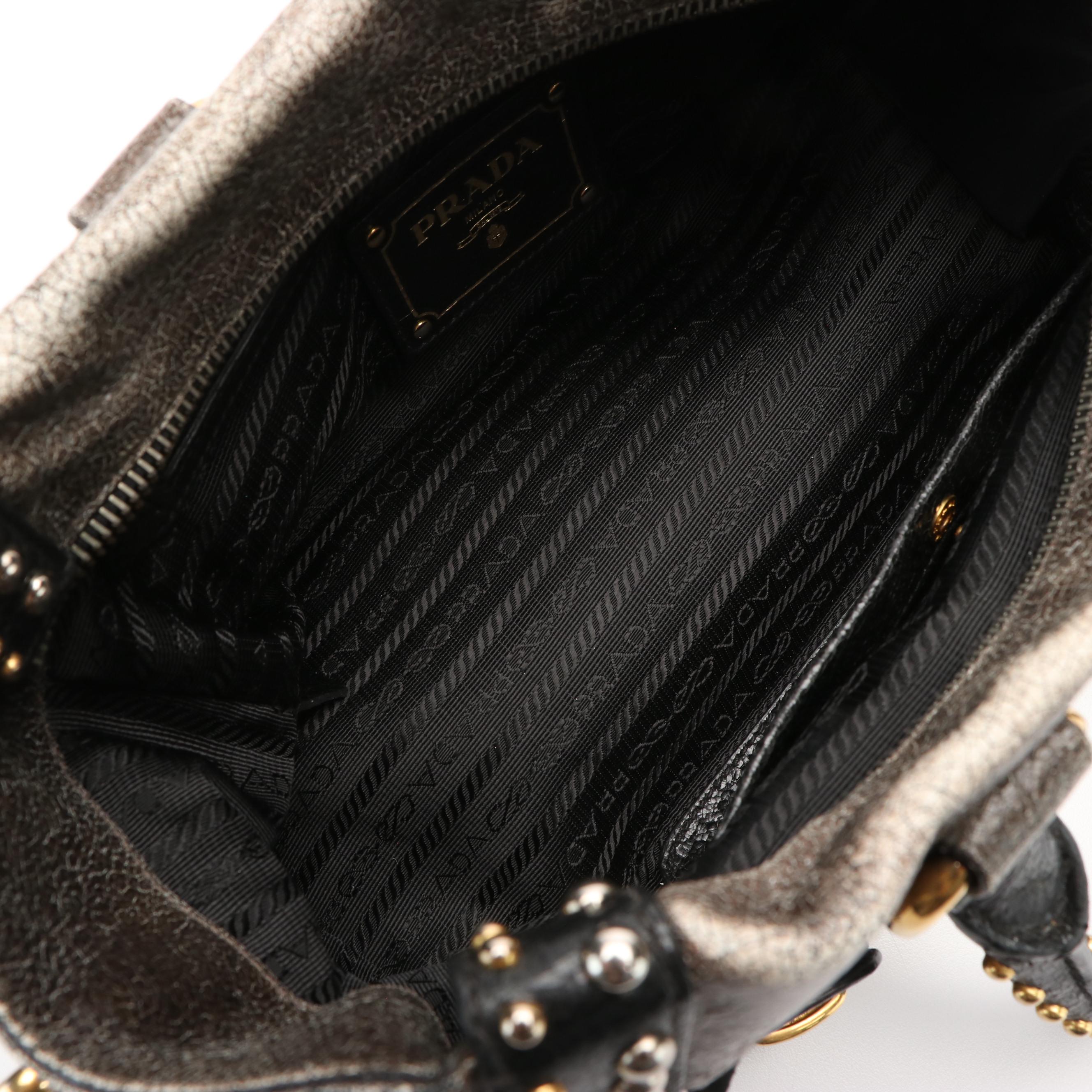 Prada Crackled Calfskin Studded Black Tote