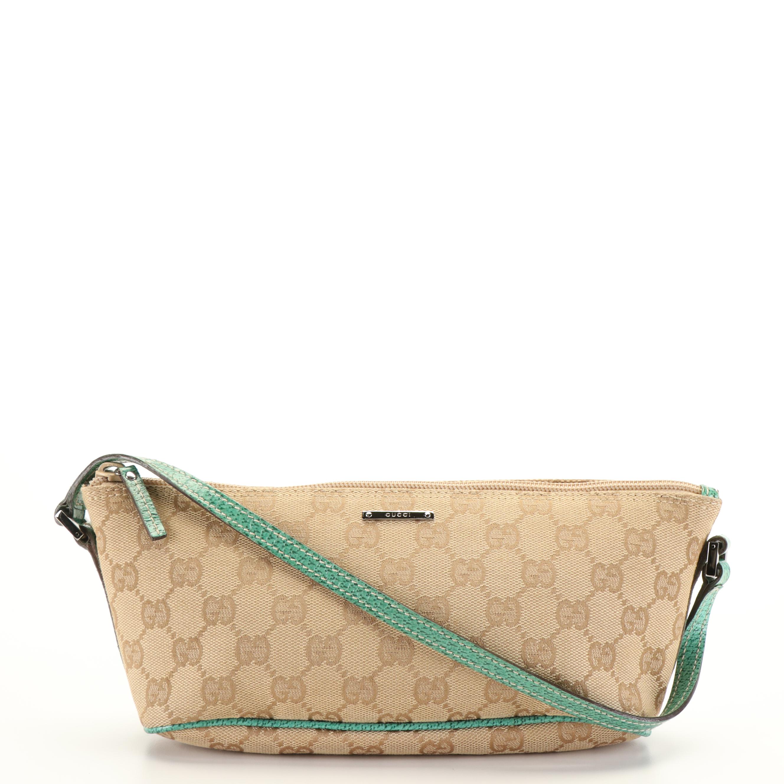 Gucci Boat Pochette in Green Leather Trimmed GG Canvas