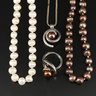 Pearls, White Sapphire and Sterling Featured in Necklace and Ring Selection