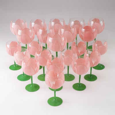Gloria Vanderbilt Hand-Painted Tulip Wine Glasses and Water Goblets, 1970s