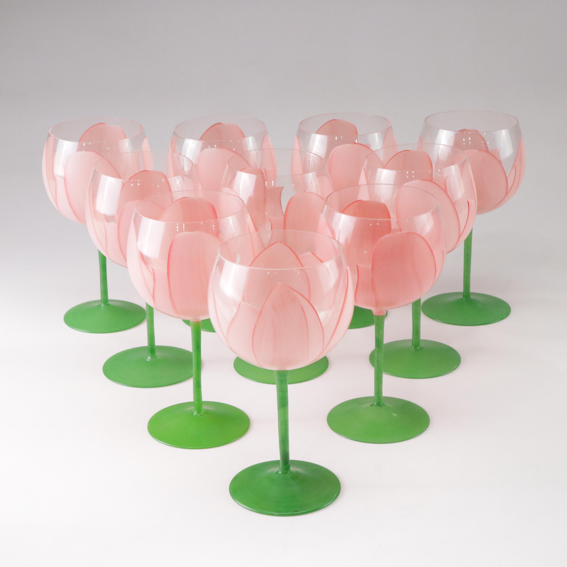 Gloria Vanderbilt Hand-Painted Tulip Wine Glasses and Water Goblets, 1970s