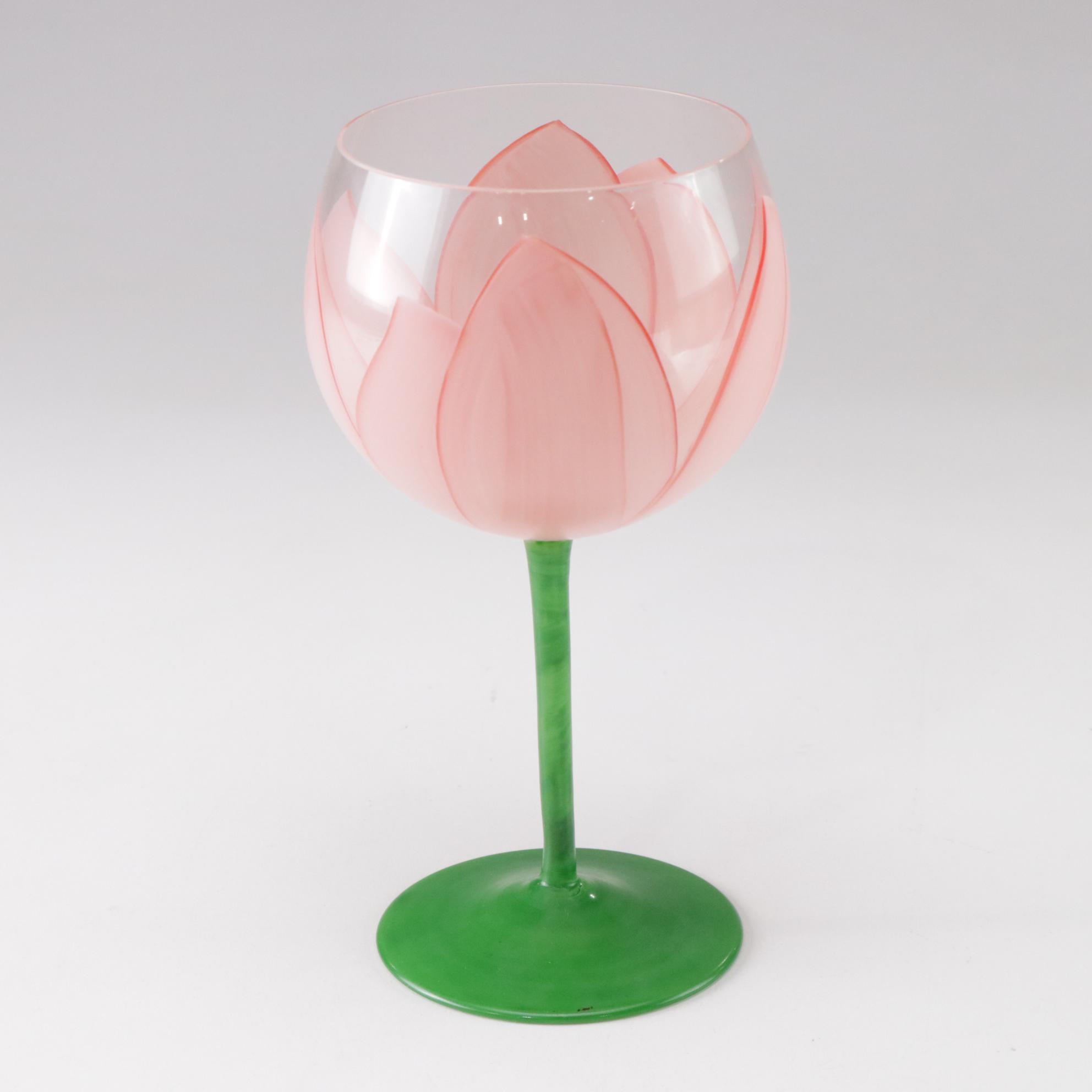 Gloria Vanderbilt Hand-Painted Tulip Wine Glasses and Water Goblets, 1970s