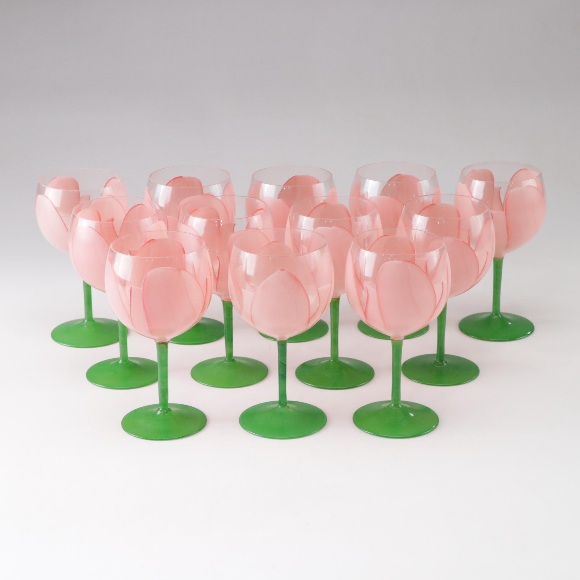 Gloria Vanderbilt Hand-Painted Tulip Wine Glasses and Water Goblets, 1970s