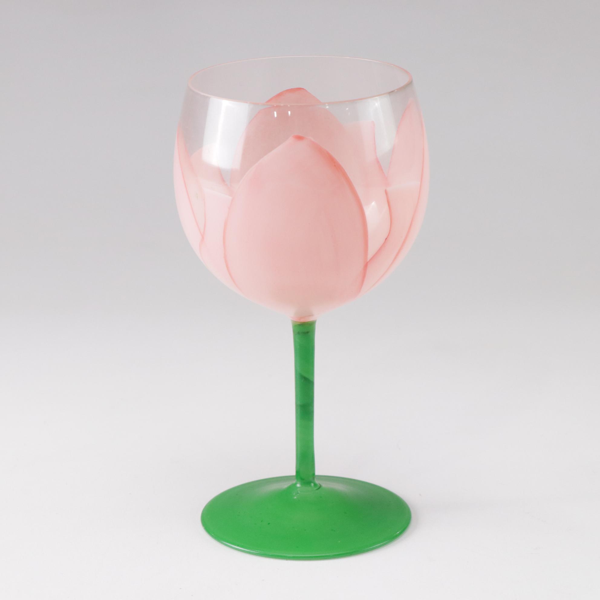 Gloria Vanderbilt Hand-Painted Tulip Wine Glasses and Water Goblets, 1970s