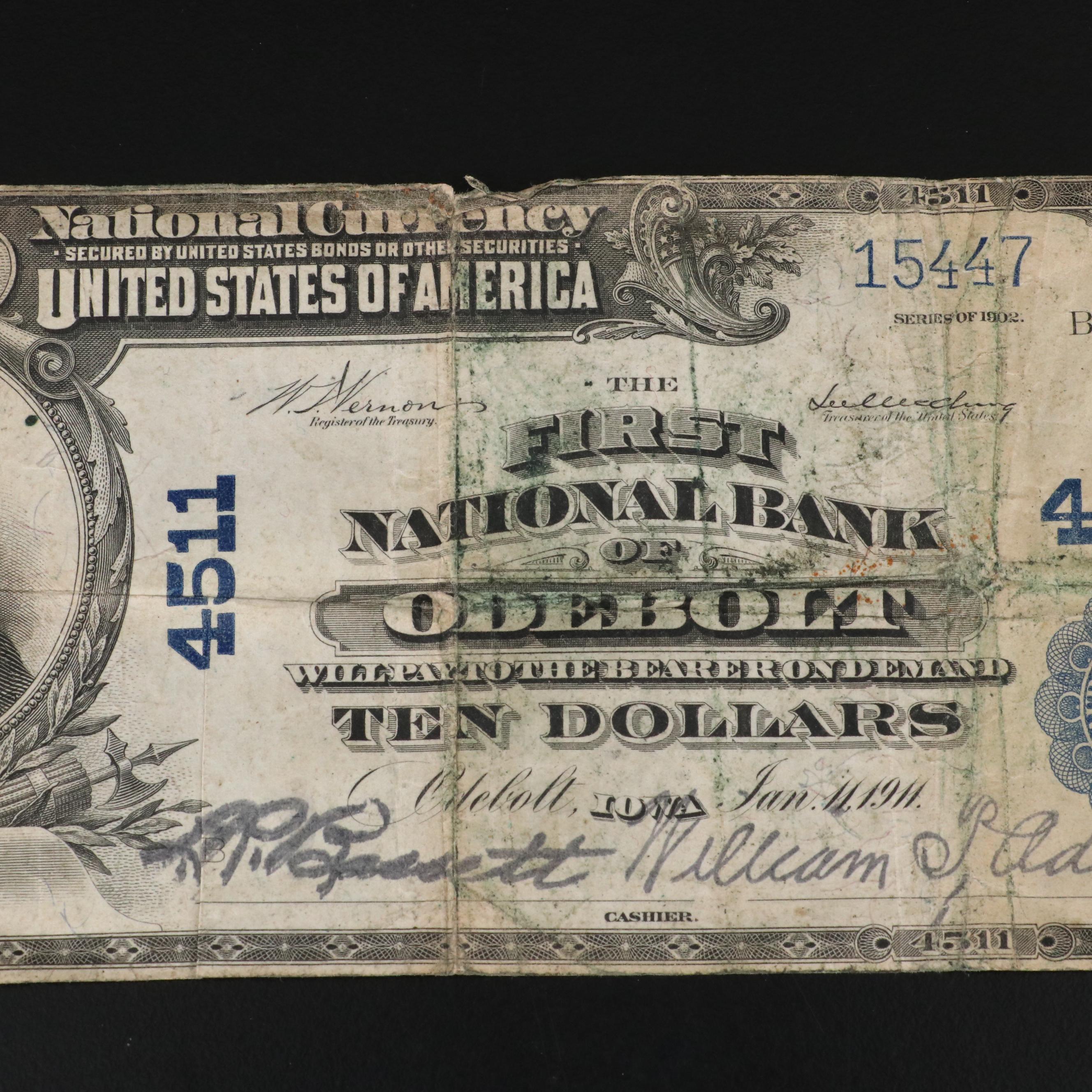 Large Format Series of 1902 $10 Blue Seal National Currency Note