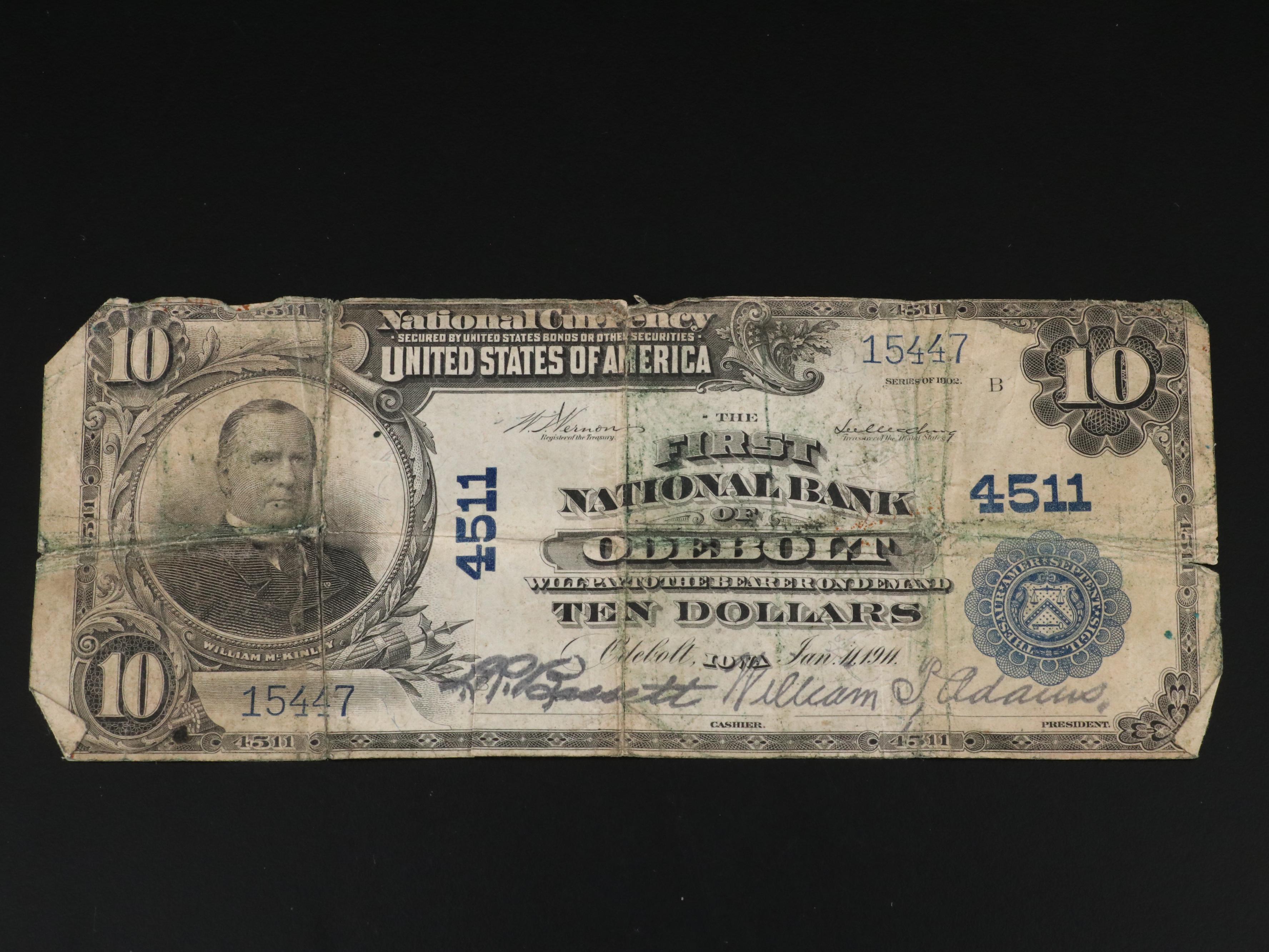 Large Format Series of 1902 $10 Blue Seal National Currency Note