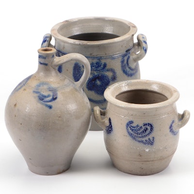 Salt Glazed Stoneware with Hand-Painted Cobalt Detail Handled Crocks and Jug