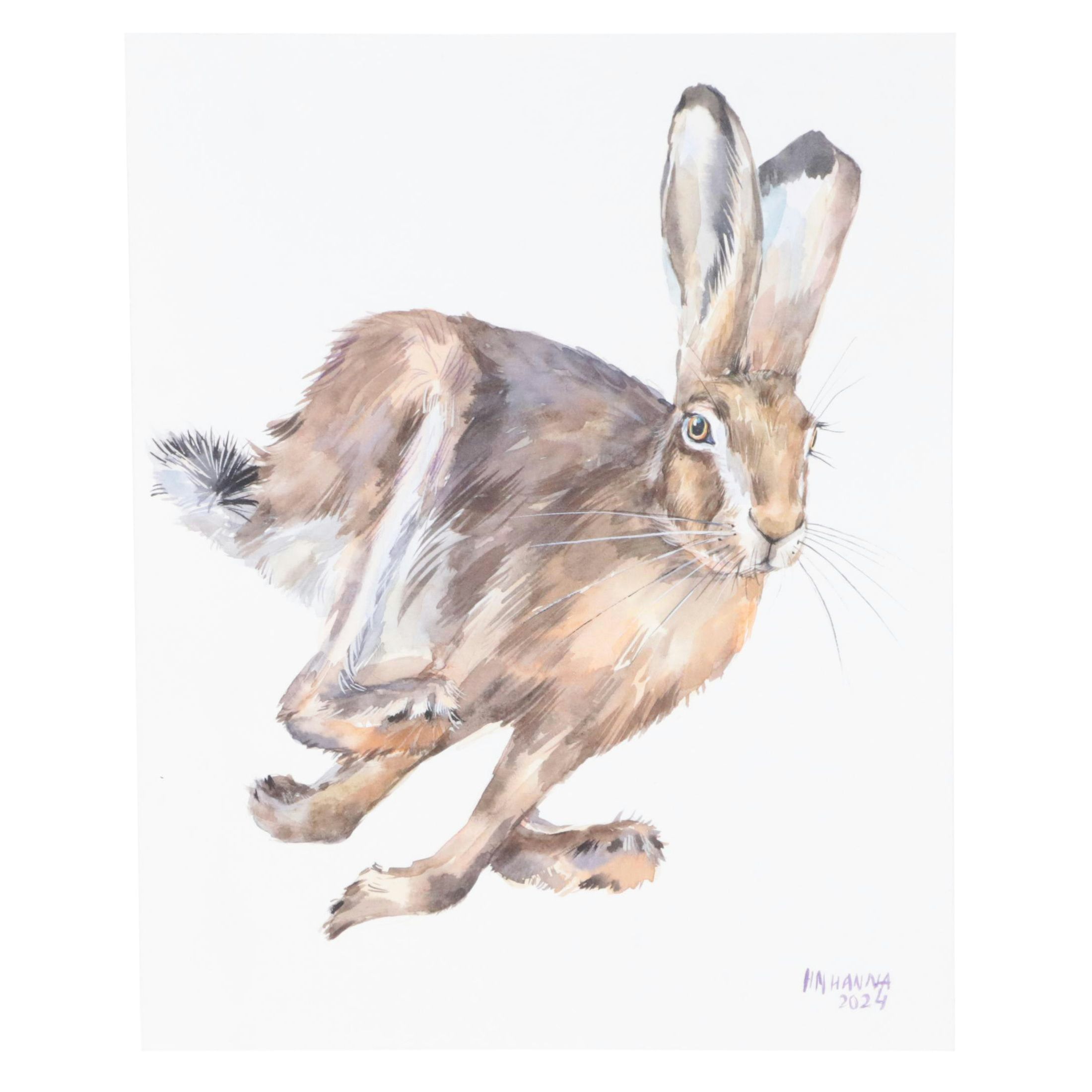 Hanna Melnychenko Watercolor Painting "Running Hare," 2024