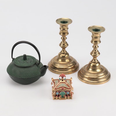 Cast Iron Teapot, Brass Candlesticks, and Jay Strongwater "Pagoda" Box