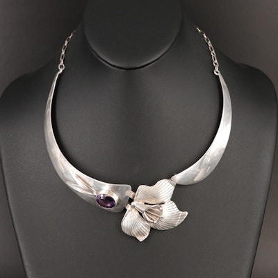 Carol Felley Sterling and Amethyst Floral Collar Necklace