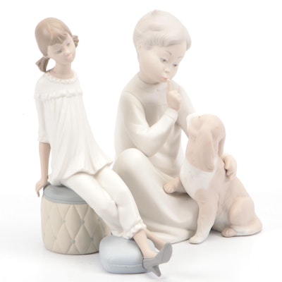 Lladró "Girl with Mother's Shoe" and "Boy with Dog" Porcelain Figurines
