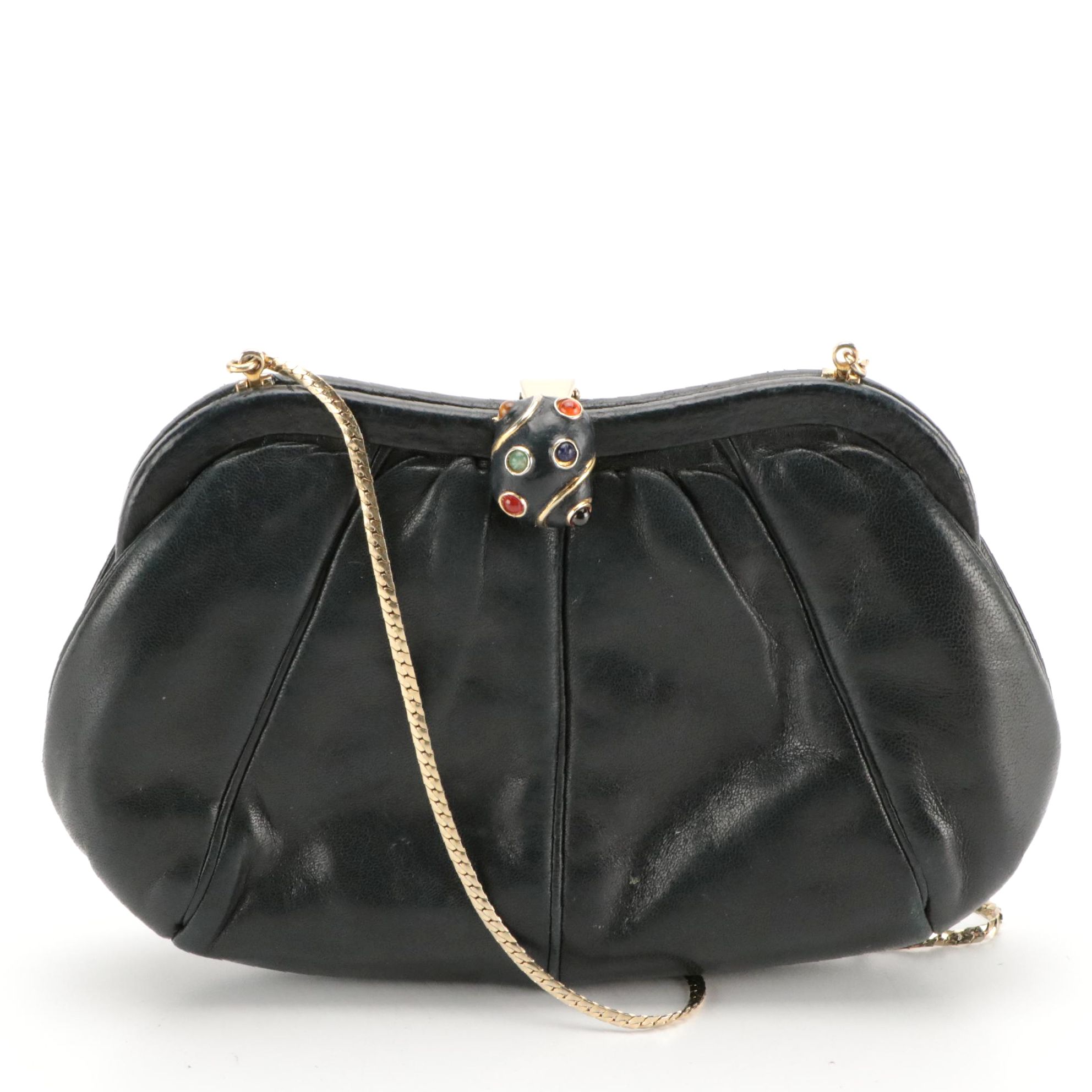 Judith Leiber Lambskin Clutch with Chain Strap and Cabochon Embellished Clasp