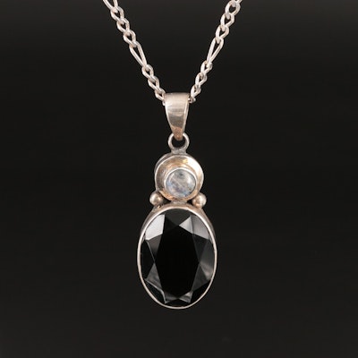 Sterling Black Onyx and Labradorite Pendant on Figaro Chain Necklace