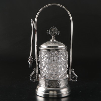 Victorian Daisy and Button Cut Glass and Silver Plate Pickle Caster