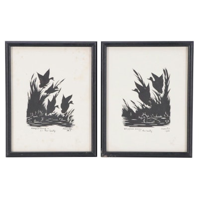 Carew Rice Lithographs of Landscapes with Waterfowl, Mid-20th Century