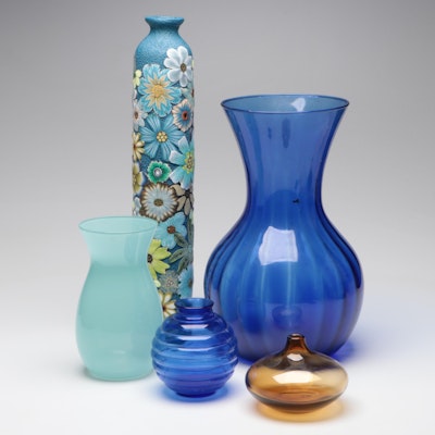 Pamela Carmen "Garden on a Bottle" Polymer With Blue, Amber and Aqua Glass Vases