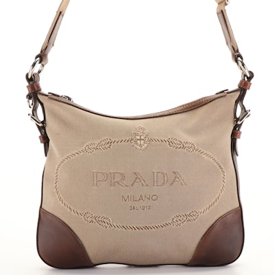 Prada Canapa Logo Canvas Crossbody Bag with Leather Trim