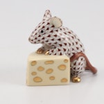Herend Chocolate Fishnet with Gold "Mouse with Cheese" Porcelain Figurine