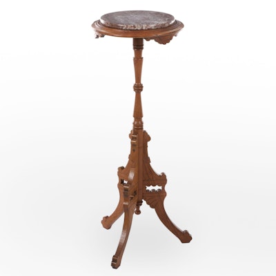 Victorian, Eastlake Style Walnut and Marble-Top Pedestal, Late 19th Century