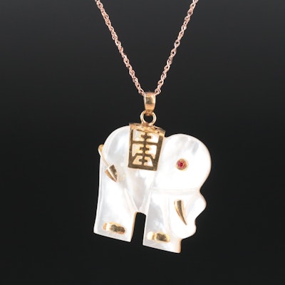 Sterling Mother of Pearl Doublet Elephant Pendant on Italian 14K Rose Gold Chain