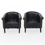 Pair of Faux Leather, Brass-Tacked and Ebonized Wood Club Chairs