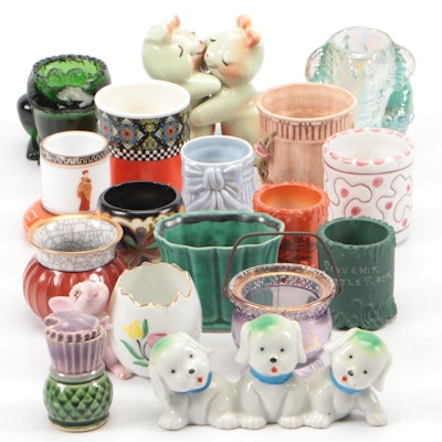 Japanese Porcelain Three Dog Figurine with More Ceramic and Glass Souvenir Décor