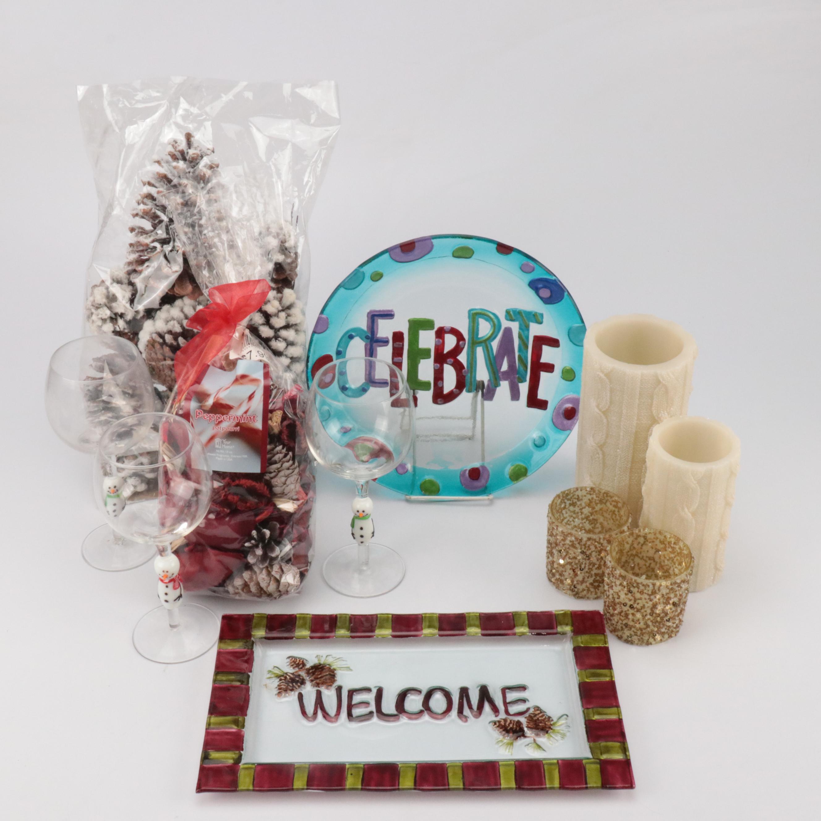 Wine Glasses with Snowman Stems and Other Decor