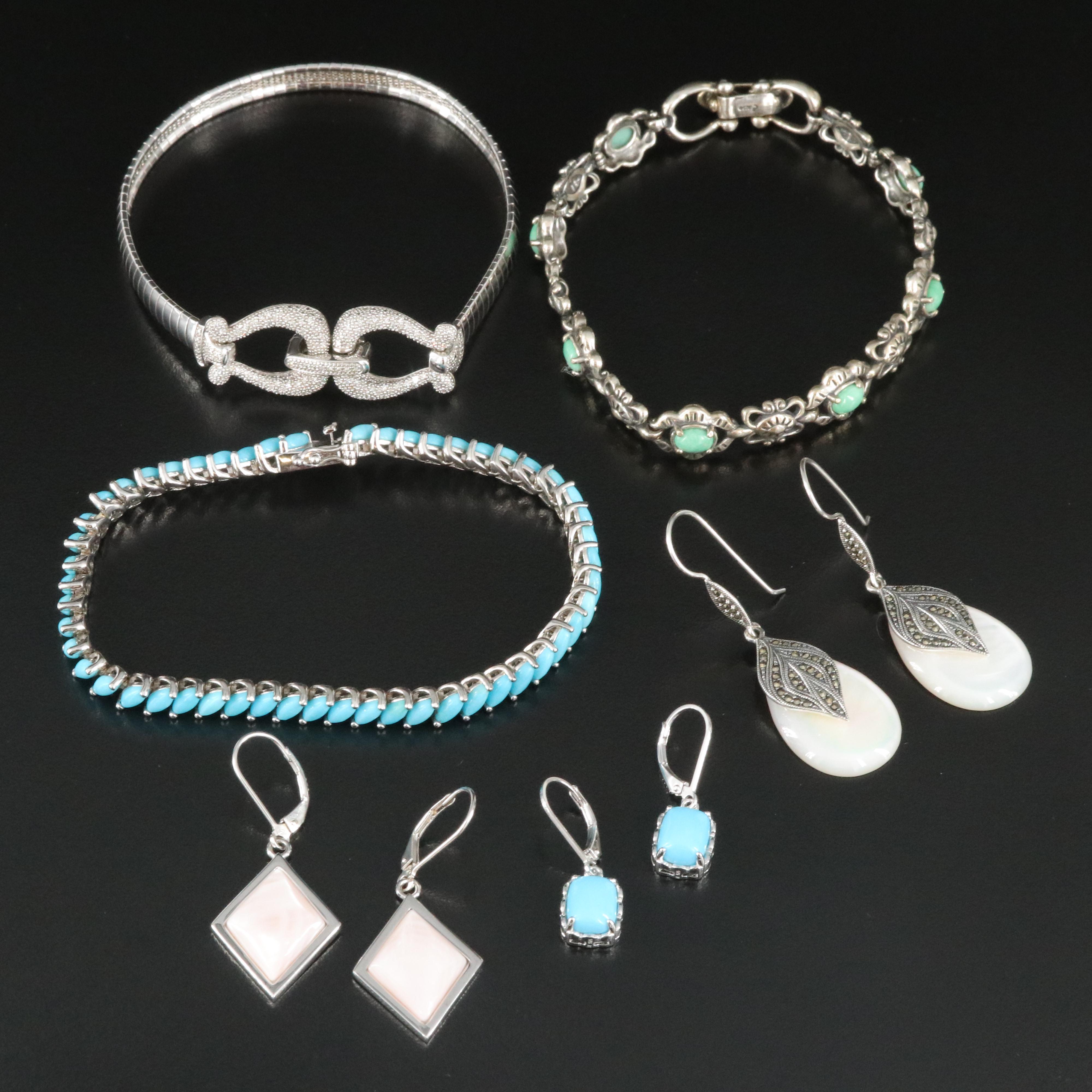 Sterling Bracelets and Earrings Including Mother of Pearl, Marcasite and Diamond
