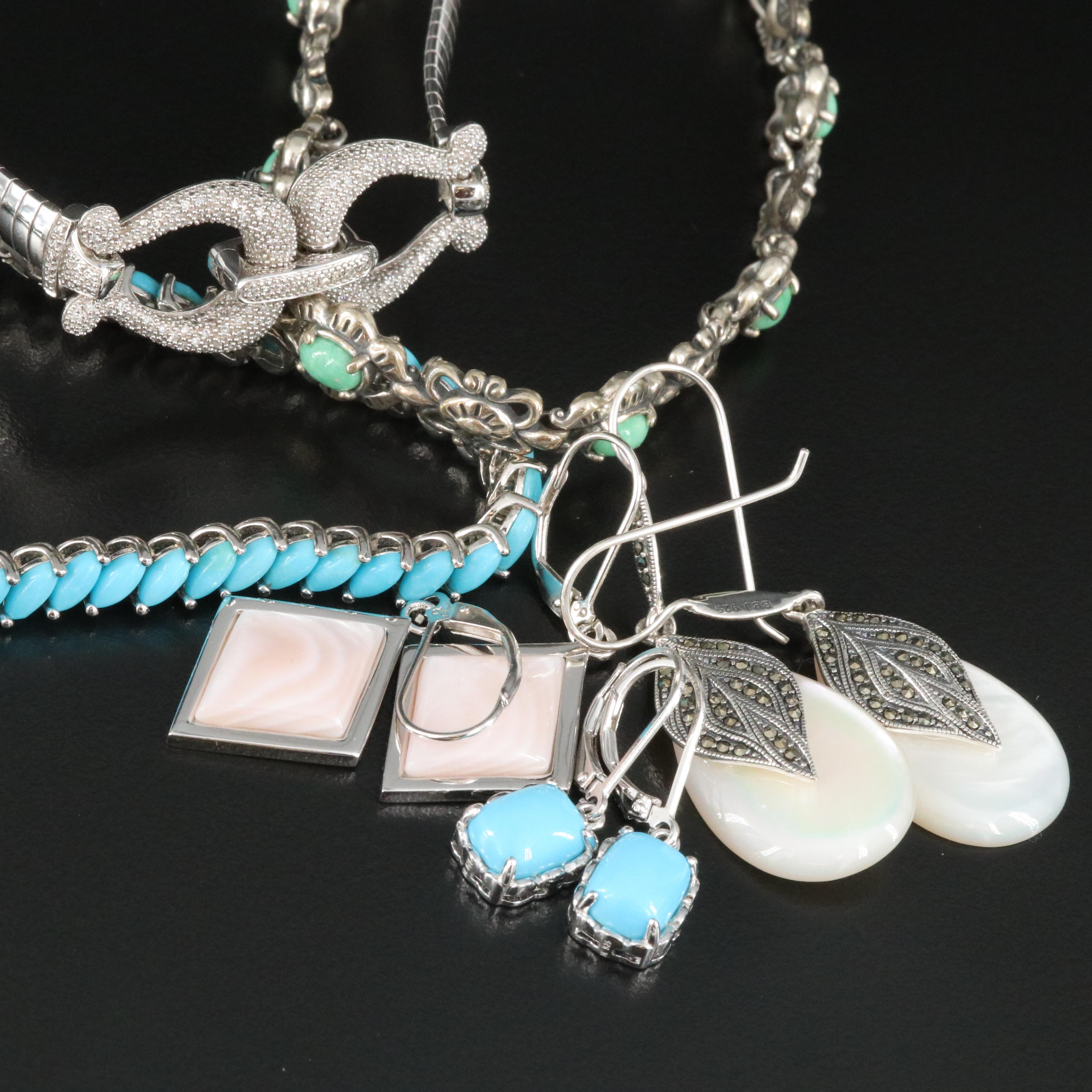 Sterling Bracelets and Earrings Including Mother of Pearl, Marcasite and Diamond
