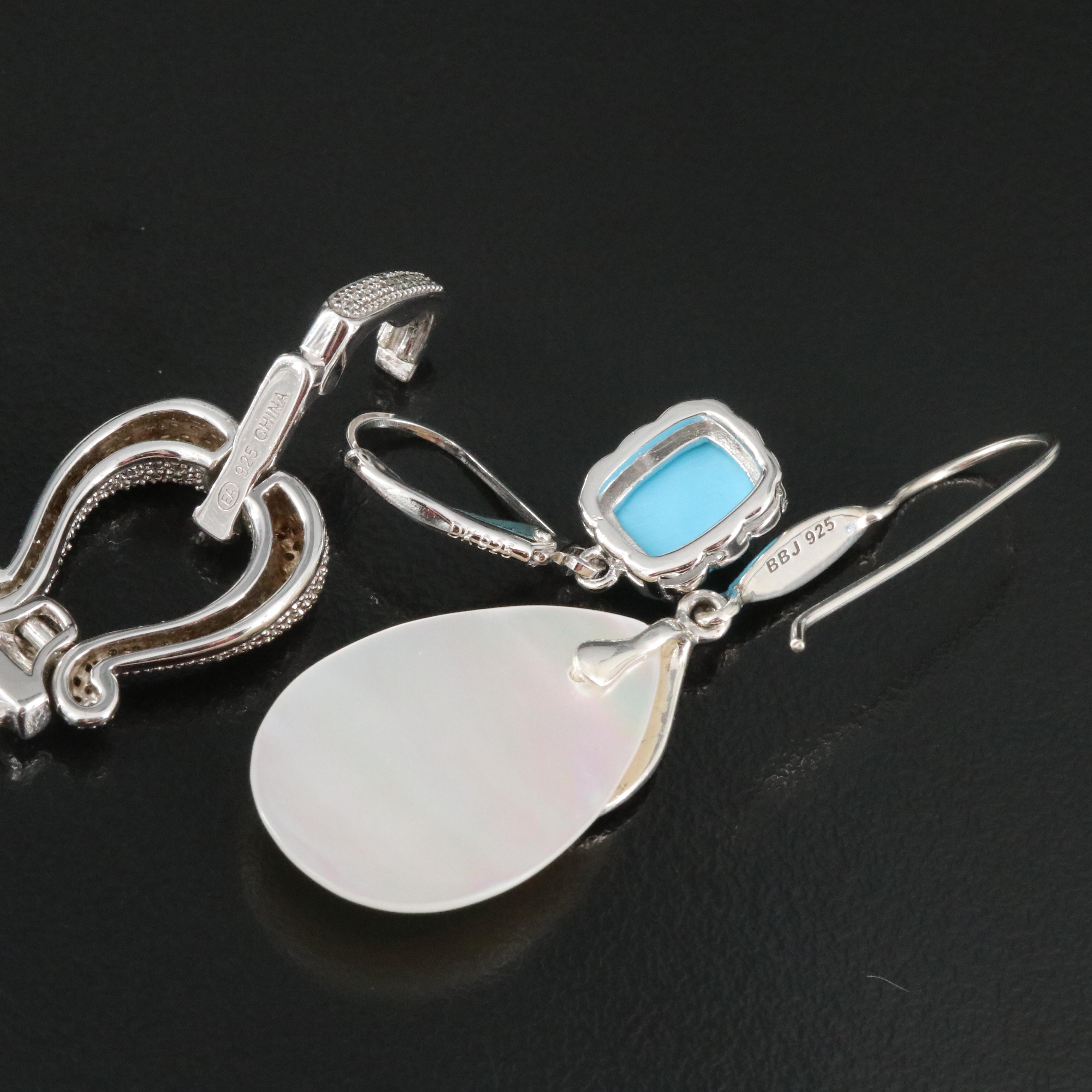Sterling Bracelets and Earrings Including Mother of Pearl, Marcasite and Diamond