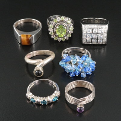 Sterling Gemstone Rings Including Tiger's-Eye Quartz, Topaz and Peridot