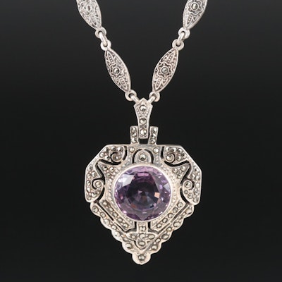Sterling Amethyst and Marcasite Pendant Necklace