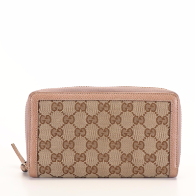 Gucci Zip Around Wallet in Pink Leather Trimmed Beige GG Canvas