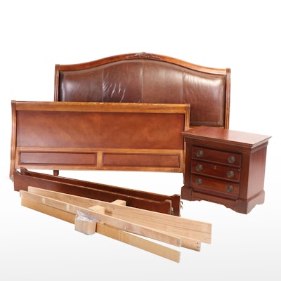 Chris Madden for Bassett Cherrywood and Leather King Sleigh Bed & Nightstand