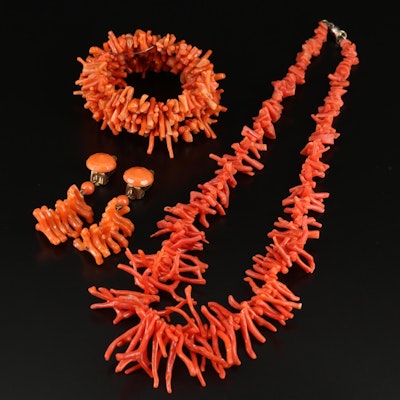 Branch Coral Necklace and Bracelet with Vintage Faux Coral Earrings