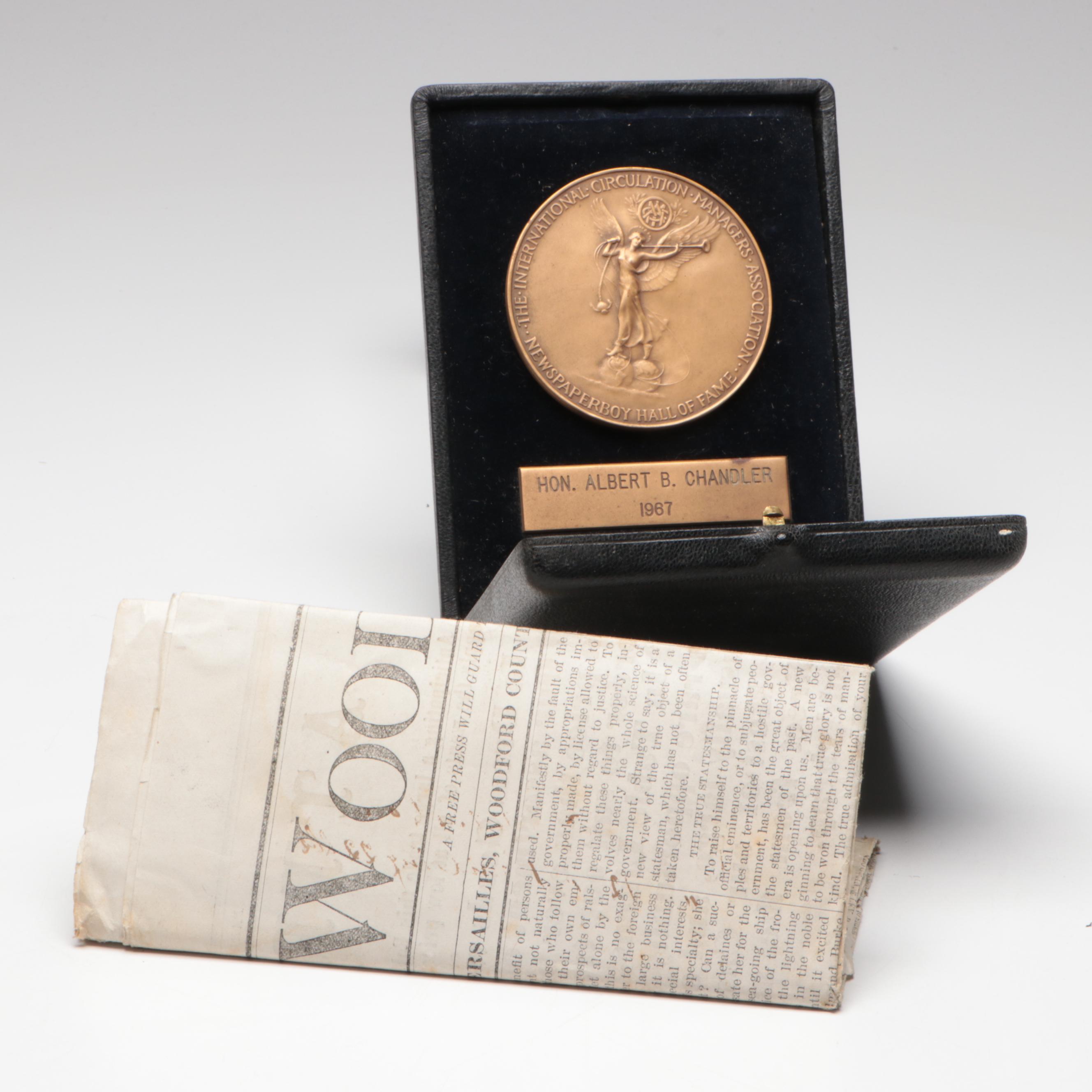 Newspaperboy Hall of Fame Medal to Albert B. Chandler with Newspaper