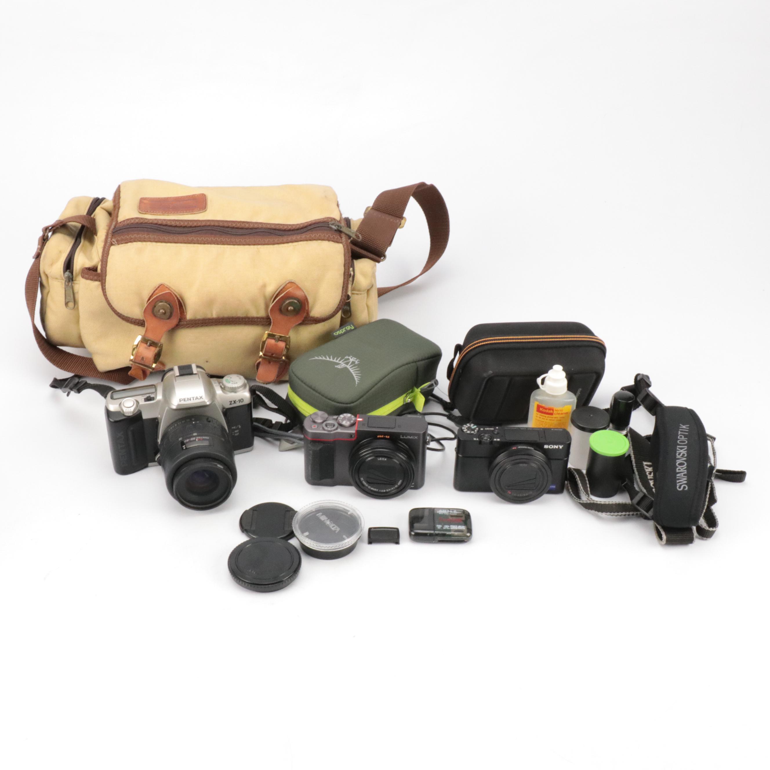 Pentax ZX-10, Panasonic, Sony Digital Cameras With Accessories