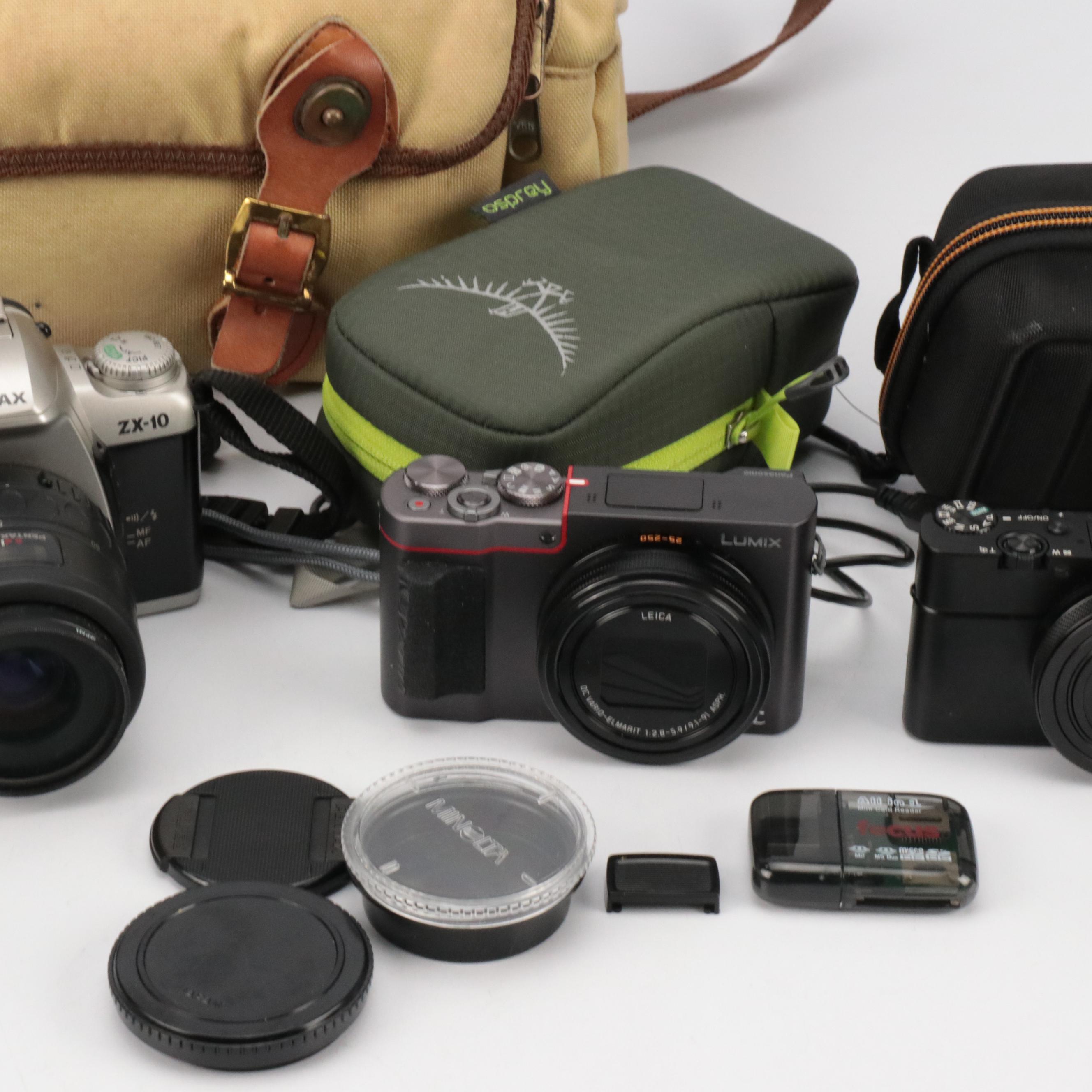 Pentax ZX-10, Panasonic, Sony Digital Cameras With Accessories
